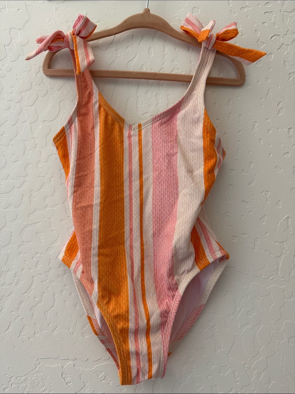 Striped Tie-Shoulder One-Piece Swimsuit in Orange & Pink - 2T/3T